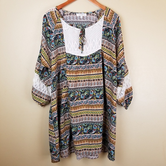 Umgee Tops - Umgee + Baby Doll Green Blue Boho Striped 1XL
